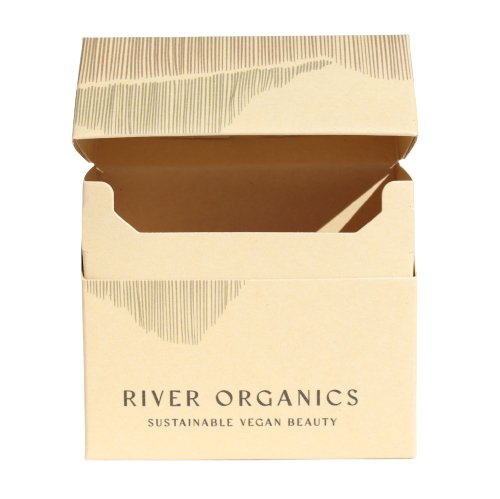 Kraft paper packaging with 'River Organics' branding on a white background