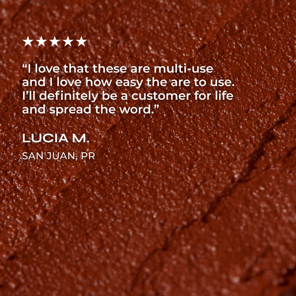 Close-up of a brown product swatch with a five-star rating and customer review.