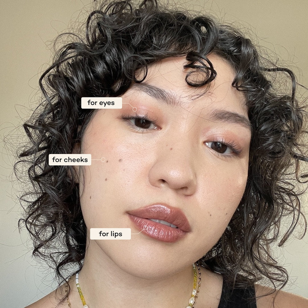 Close-up of a person with labeled makeup application areas on their face.