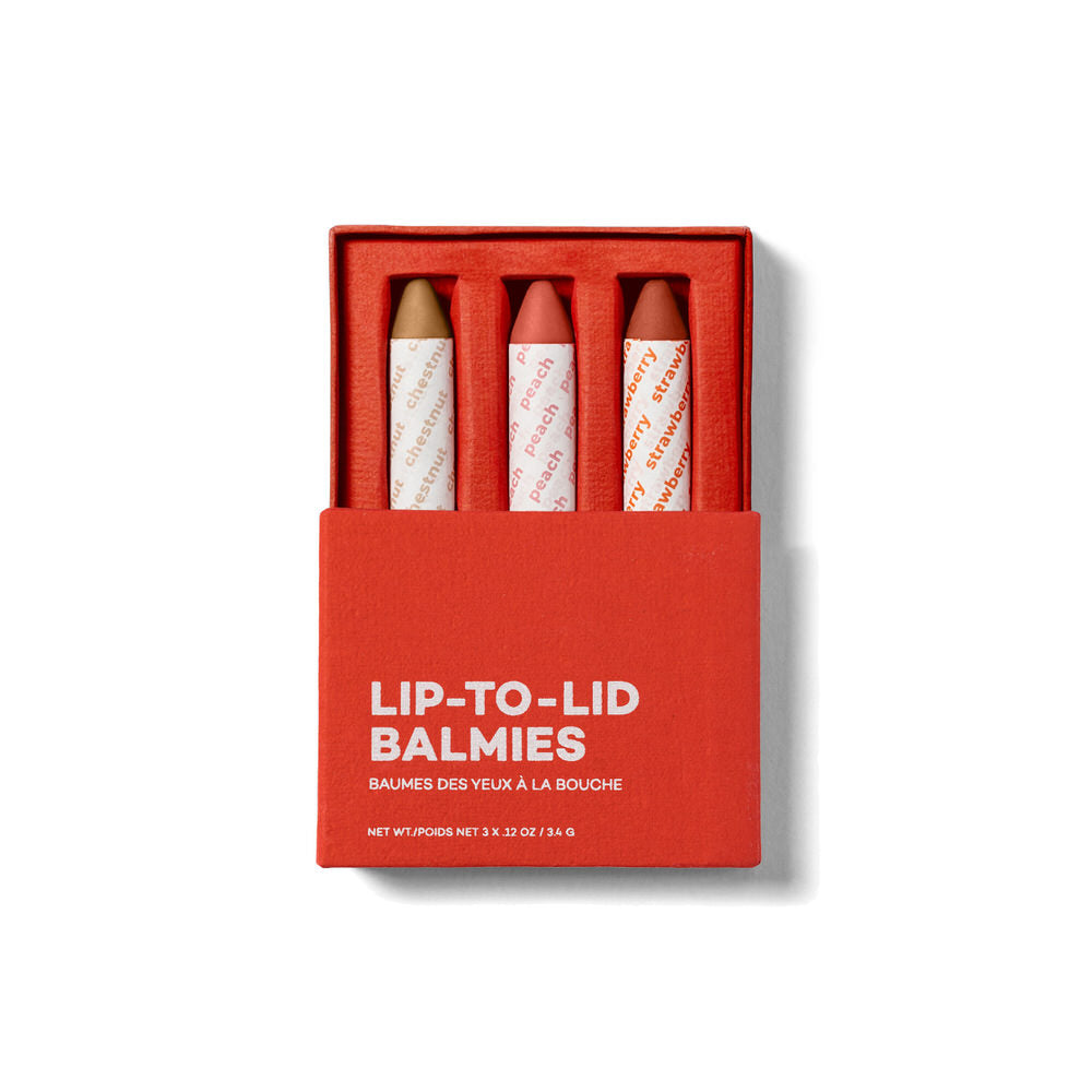 Set of lip balm sticks in a red box with 'Lip-To-Lid Balmies' text on a white background