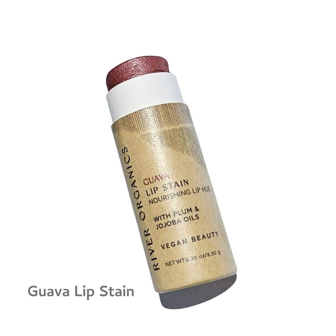 Lip stain stick with brown packaging on a white background