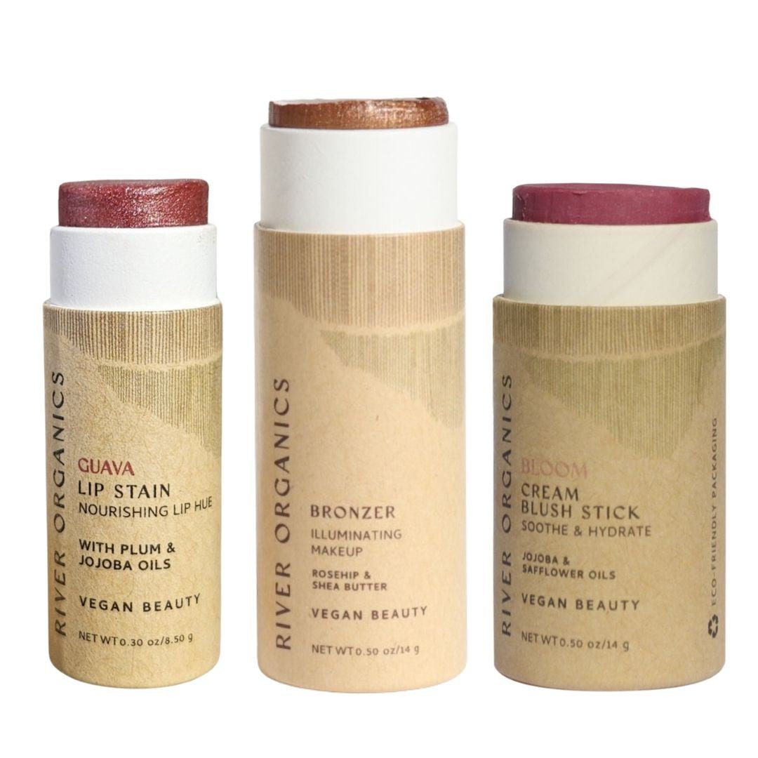 Three River Organics makeup products on a white background