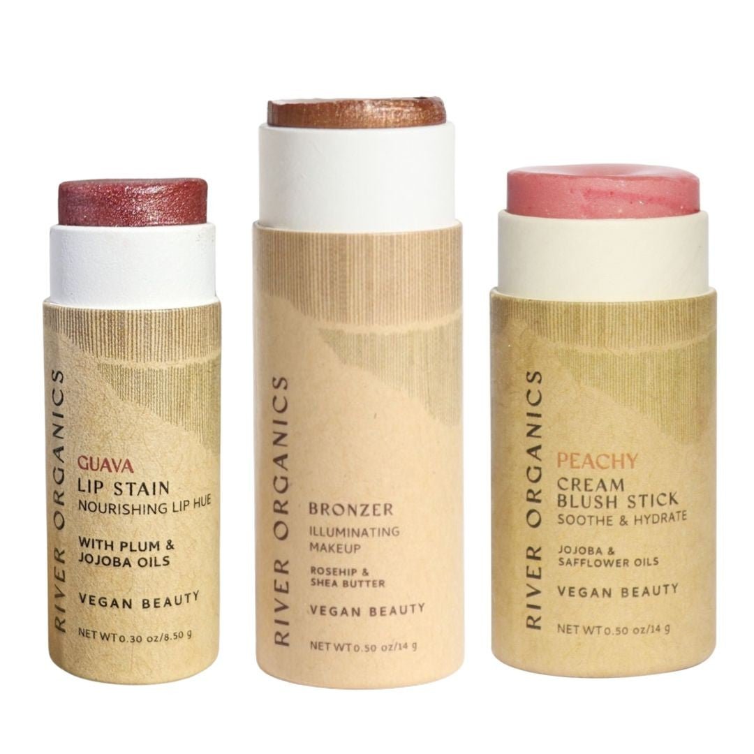 Three River Organics beauty products on a white background