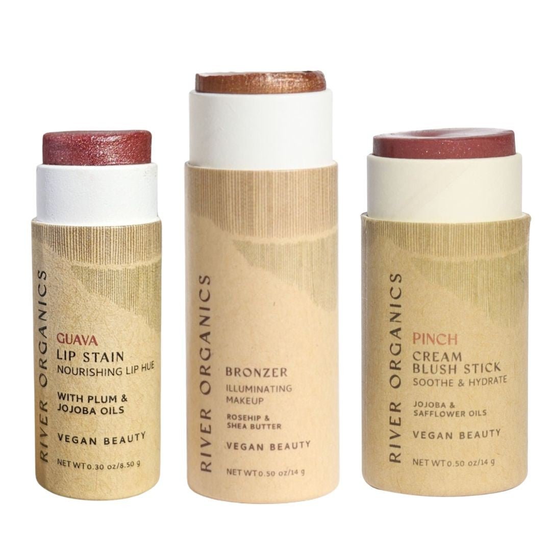 Three River Organics makeup products on a white background