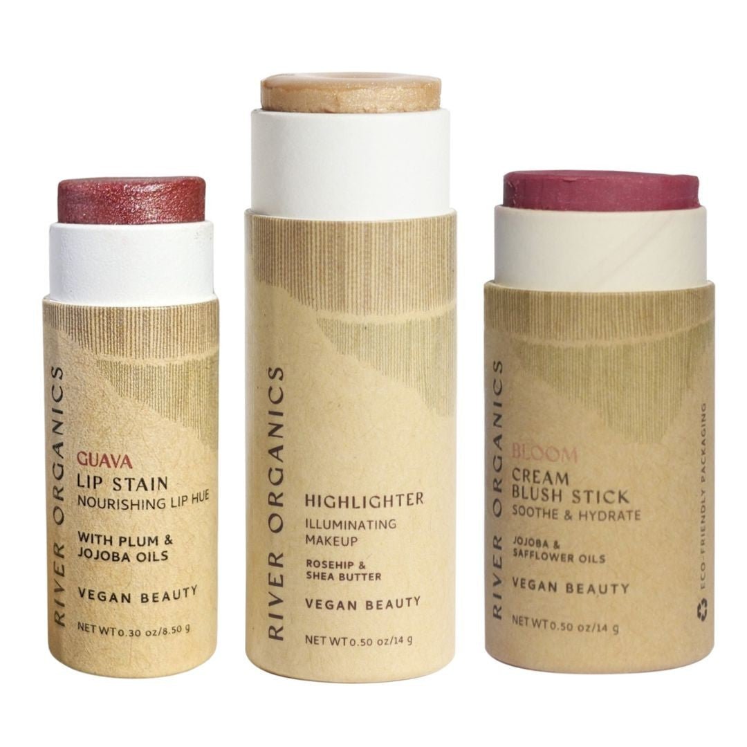 Three River Organics beauty products on a white background