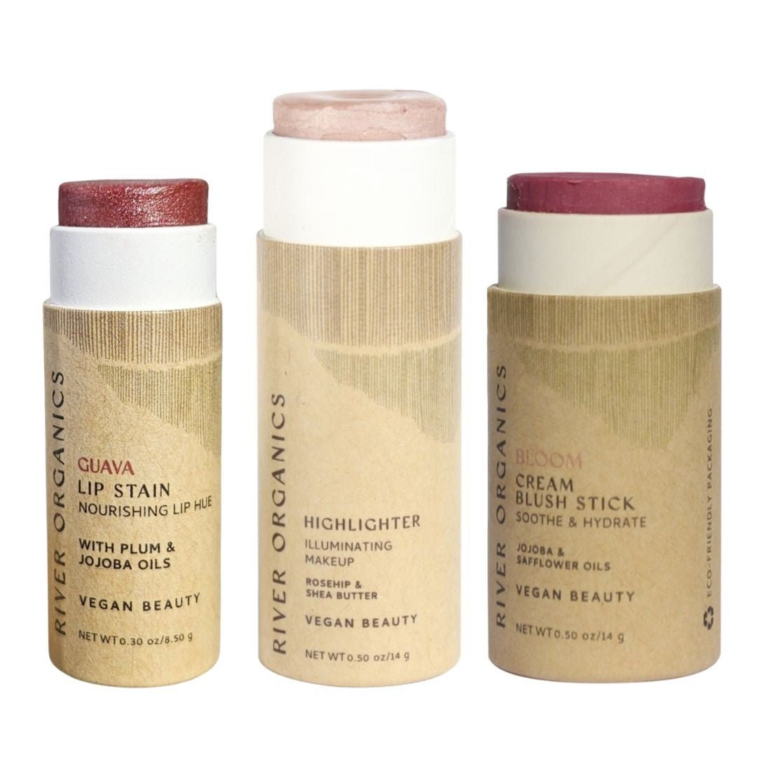 Three River Organics makeup products on a white background