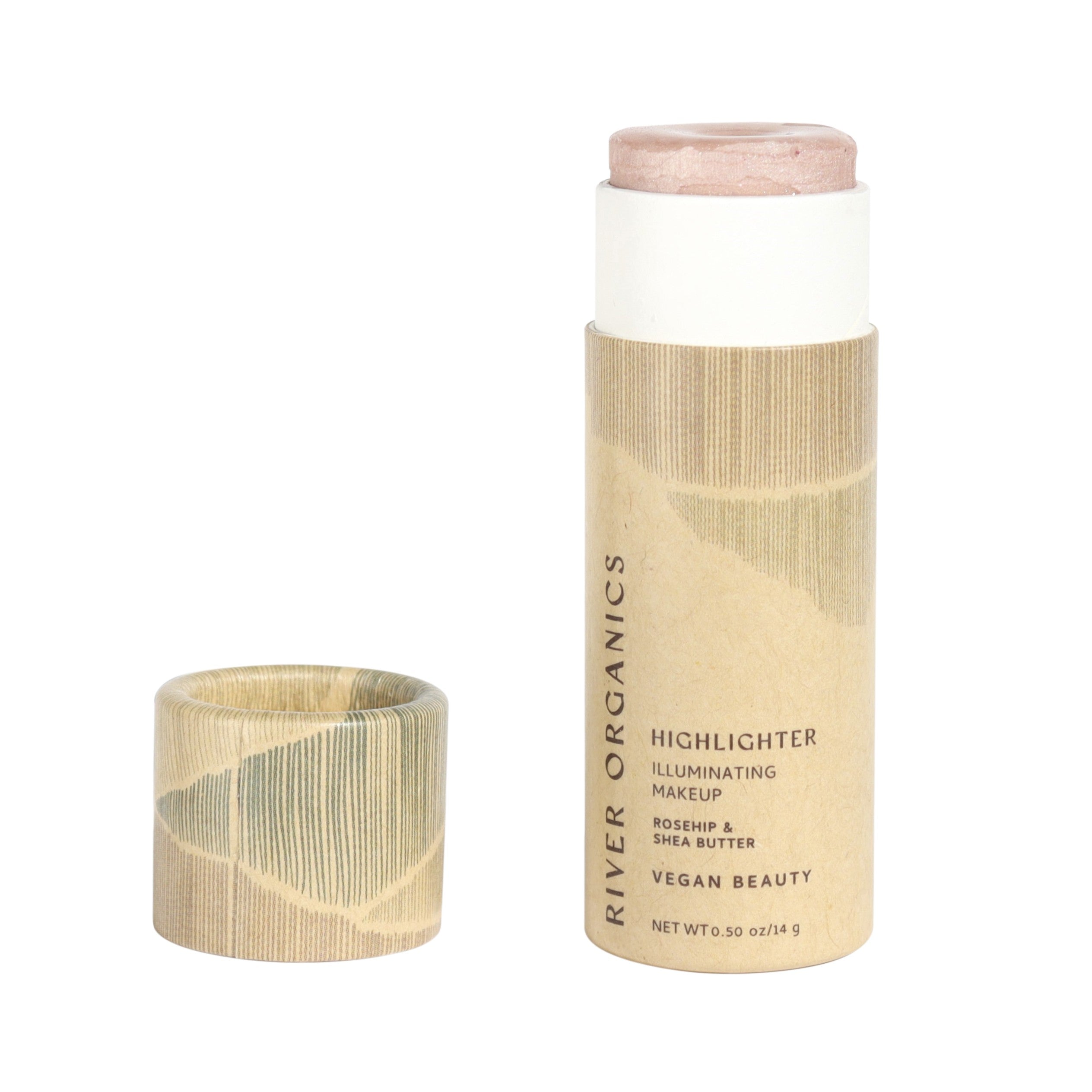 River Organics Rose Quartz highlighter makeup in a cardboard tube on a white background