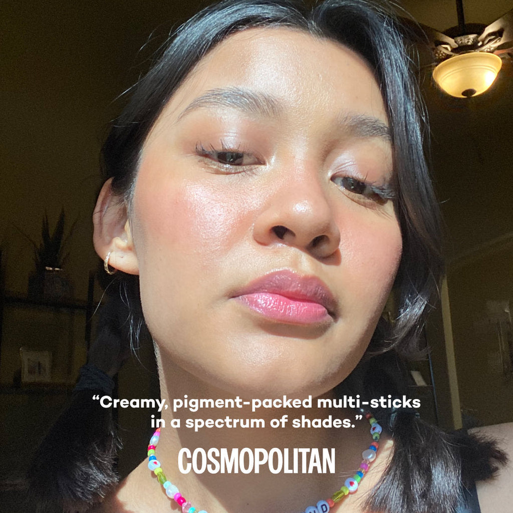 Close-up of a person with text overlay about cosmetic products.