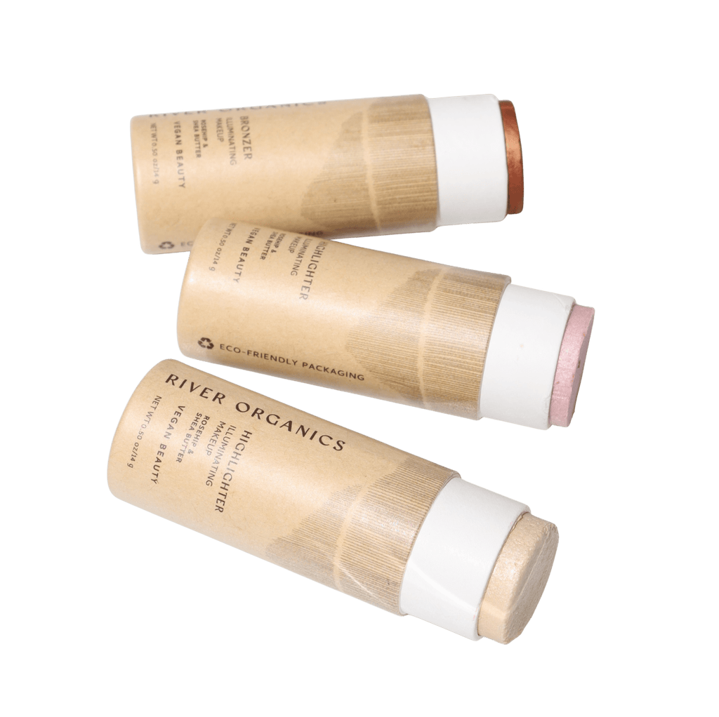 Three River Organics highlighter sticks in paper tubes on a transparent background