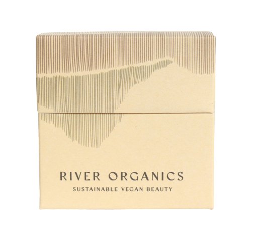 Beige box with 'River Organics' branding on a white background