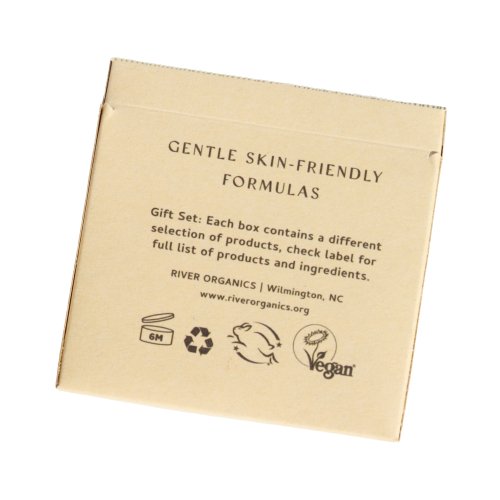 Kraft paper packaging with text and branding for River Organics products on a white background