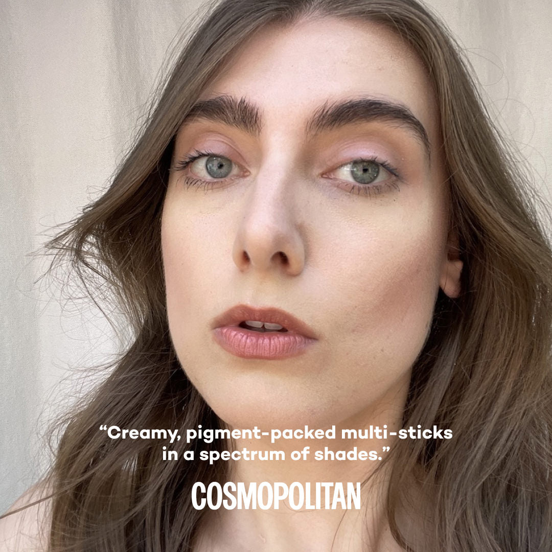 Close-up of a woman's face with text about cosmetic products.
