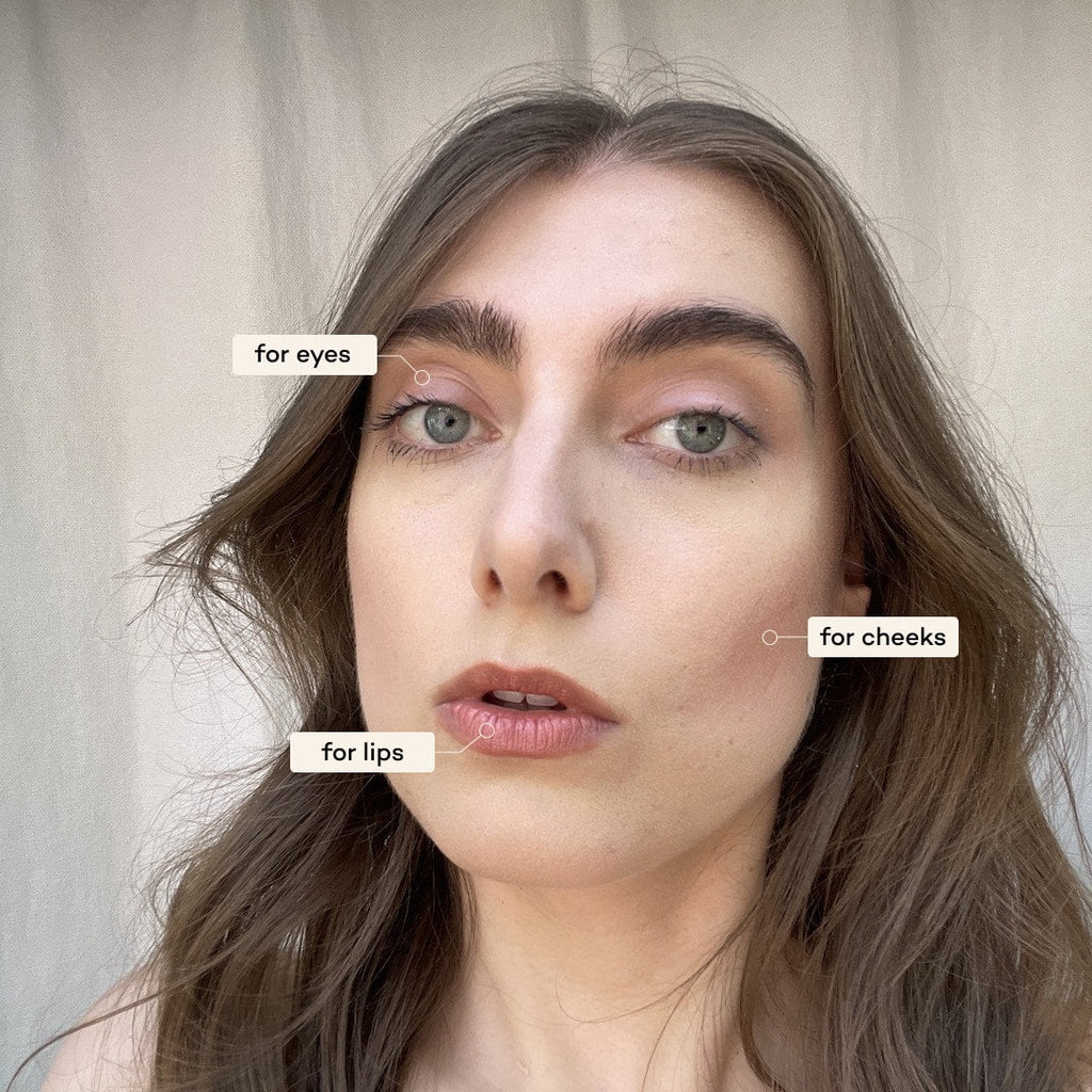 Woman with makeup application points labeled for eyes, cheeks, and lips on a neutral background