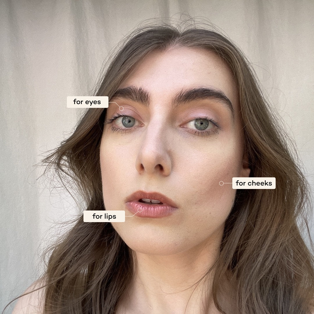 Woman with makeup application points labeled for eyes, cheeks, and lips on a neutral background