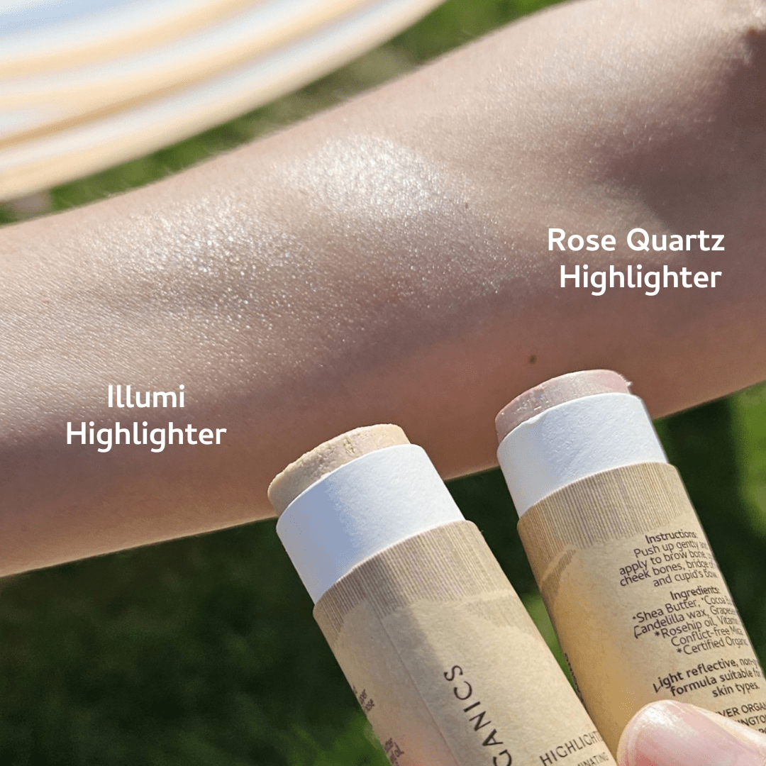 Two highlighter sticks with 'Rose Quartz' and 'Illumi' labels on an arm with highlighting effect.