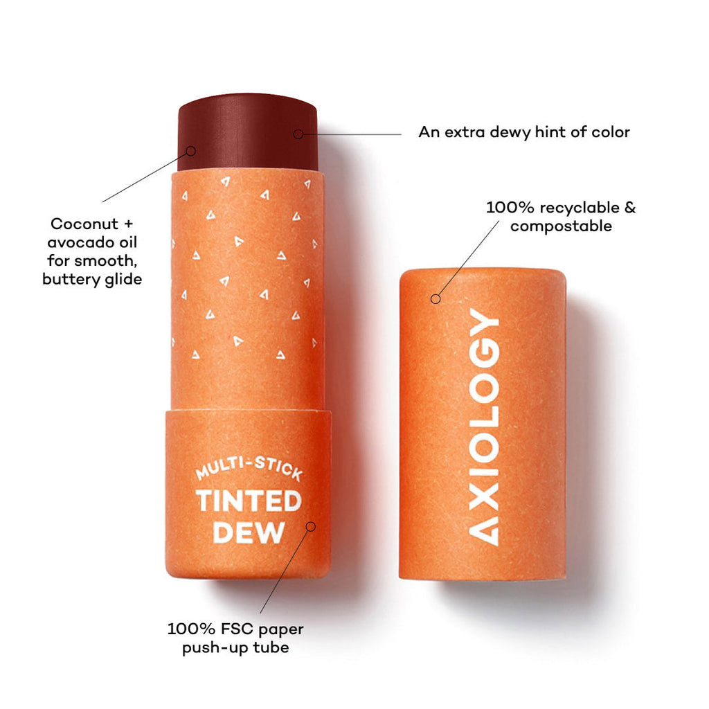 Axiology multi-stick tinted dew product with features highlighted on a white background