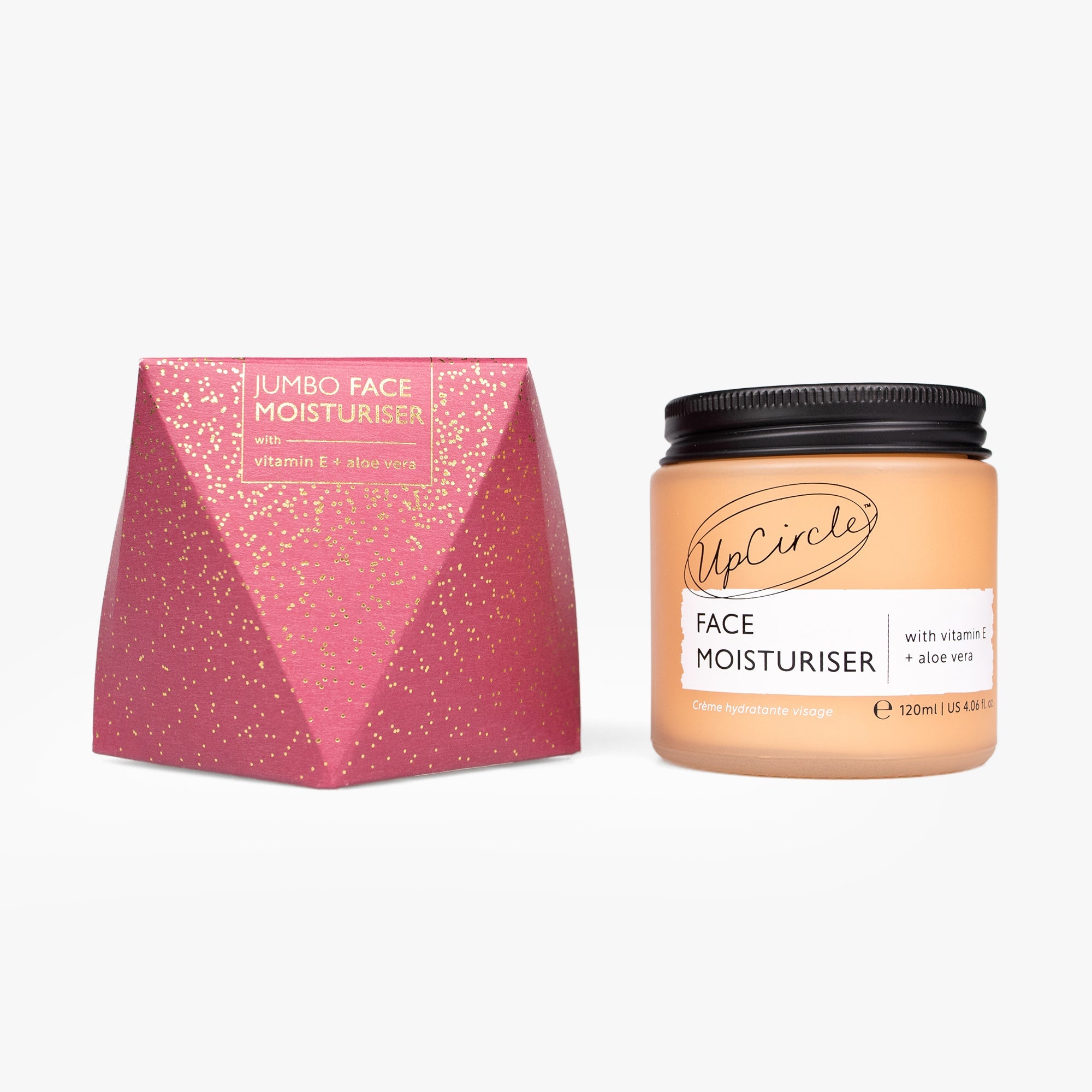 UpCircle face moisturizer jar with pink packaging on a white background