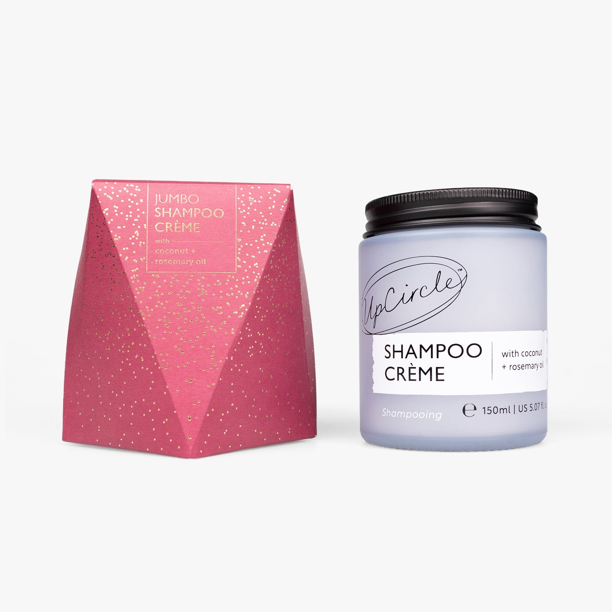 Shampoo crème jar with pink packaging on a white background