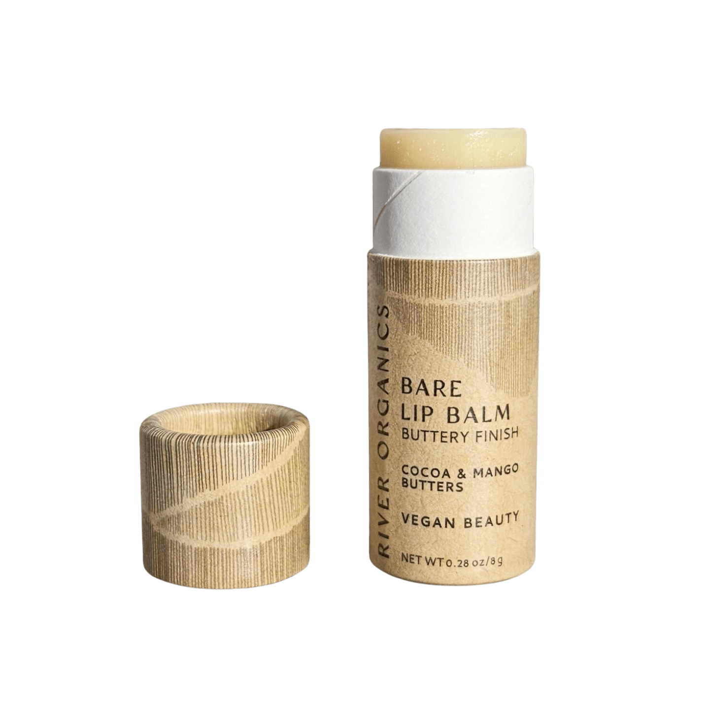 River Organics Lip balm stick with paper cap on a transparent background