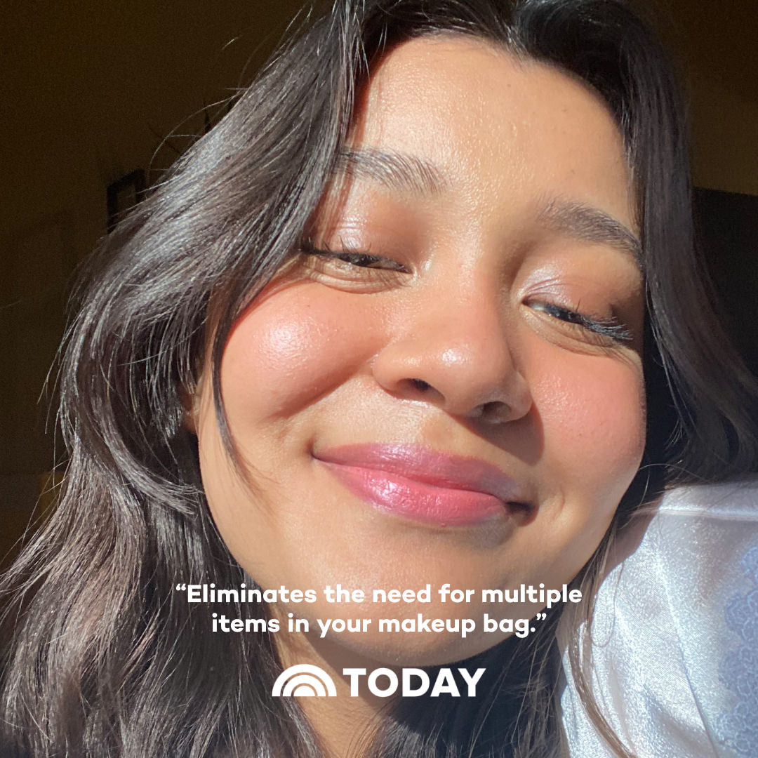 Woman with a radiant smile wearing makeup, text overlay about makeup product, and 'TODAY' logo.