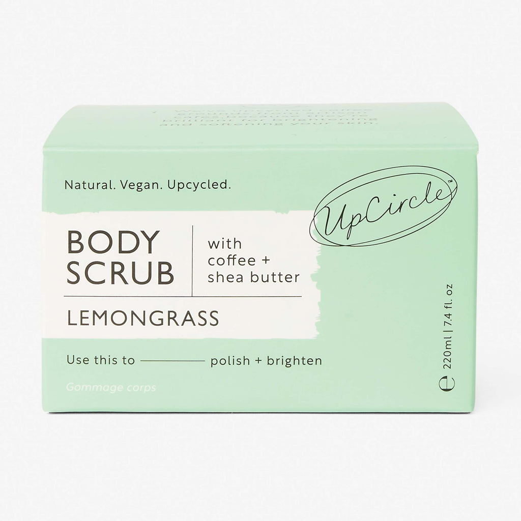 Green box of UpCircle body scrub with lemongrass scent on a white background