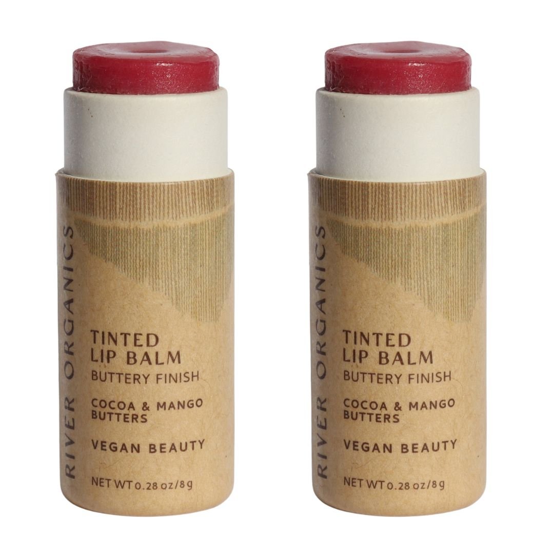Two River Organics tinted lip balms on a white background