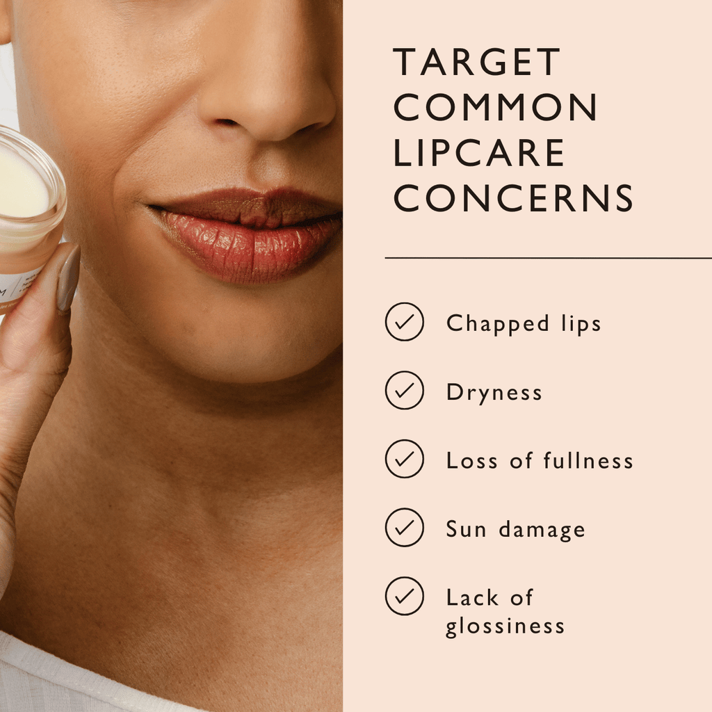 Lip balm product with a woman's lips and text about lip care concerns on a beige background
