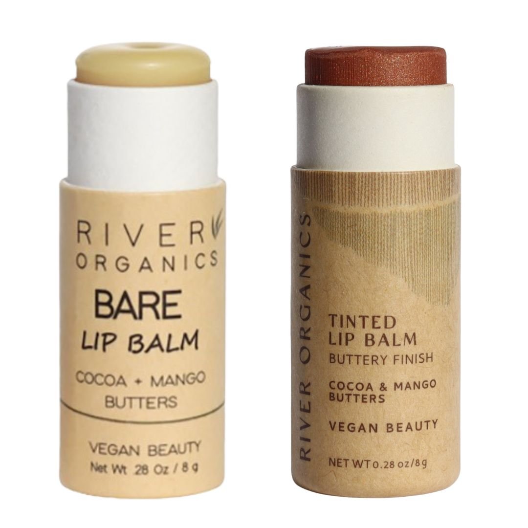 Two River Organics lip balm sticks, one bare and one tinted, on a white background.