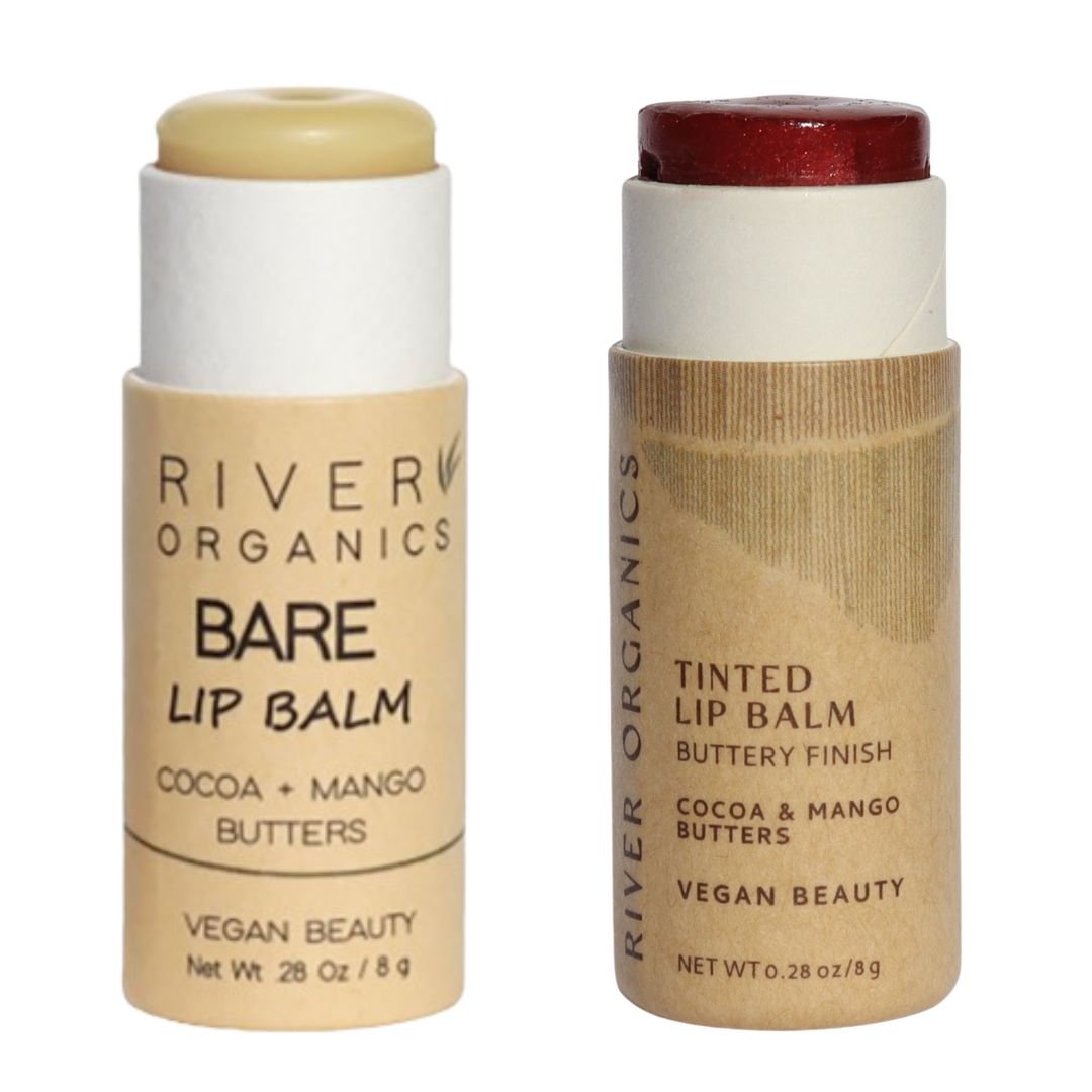 Two River Organics lip balm sticks on a white background