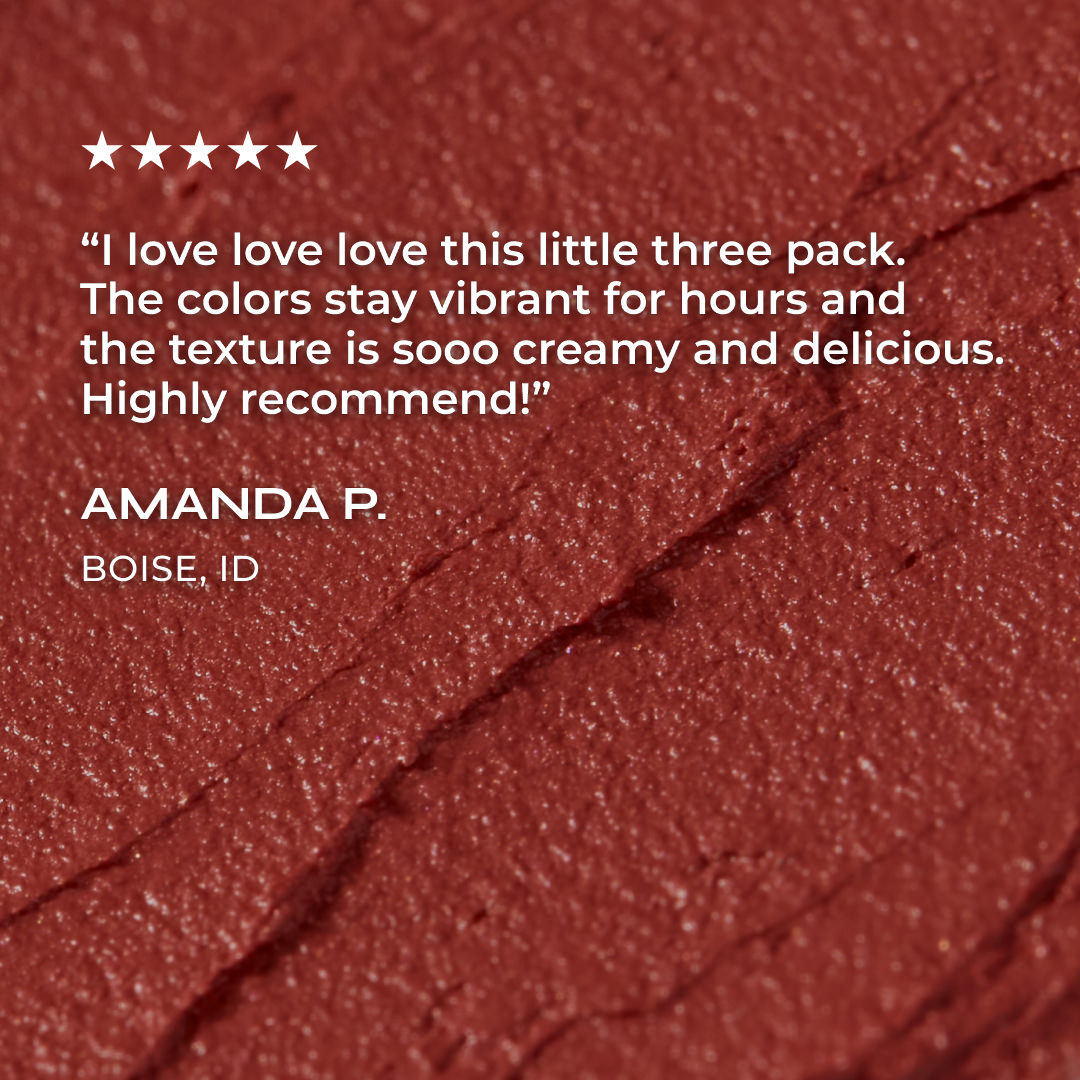 Product swatch with a five-star rating and review text on a red background