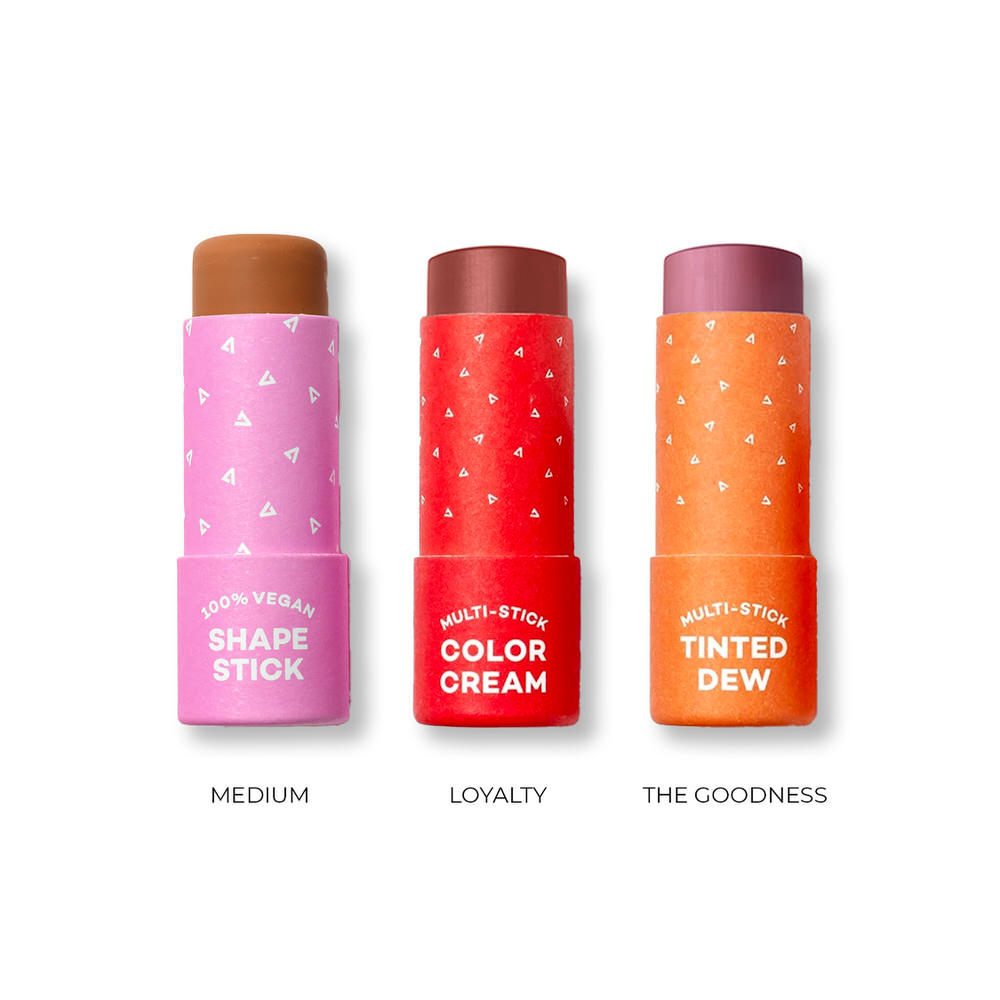 Three cosmetic sticks with different colors and names on a white background