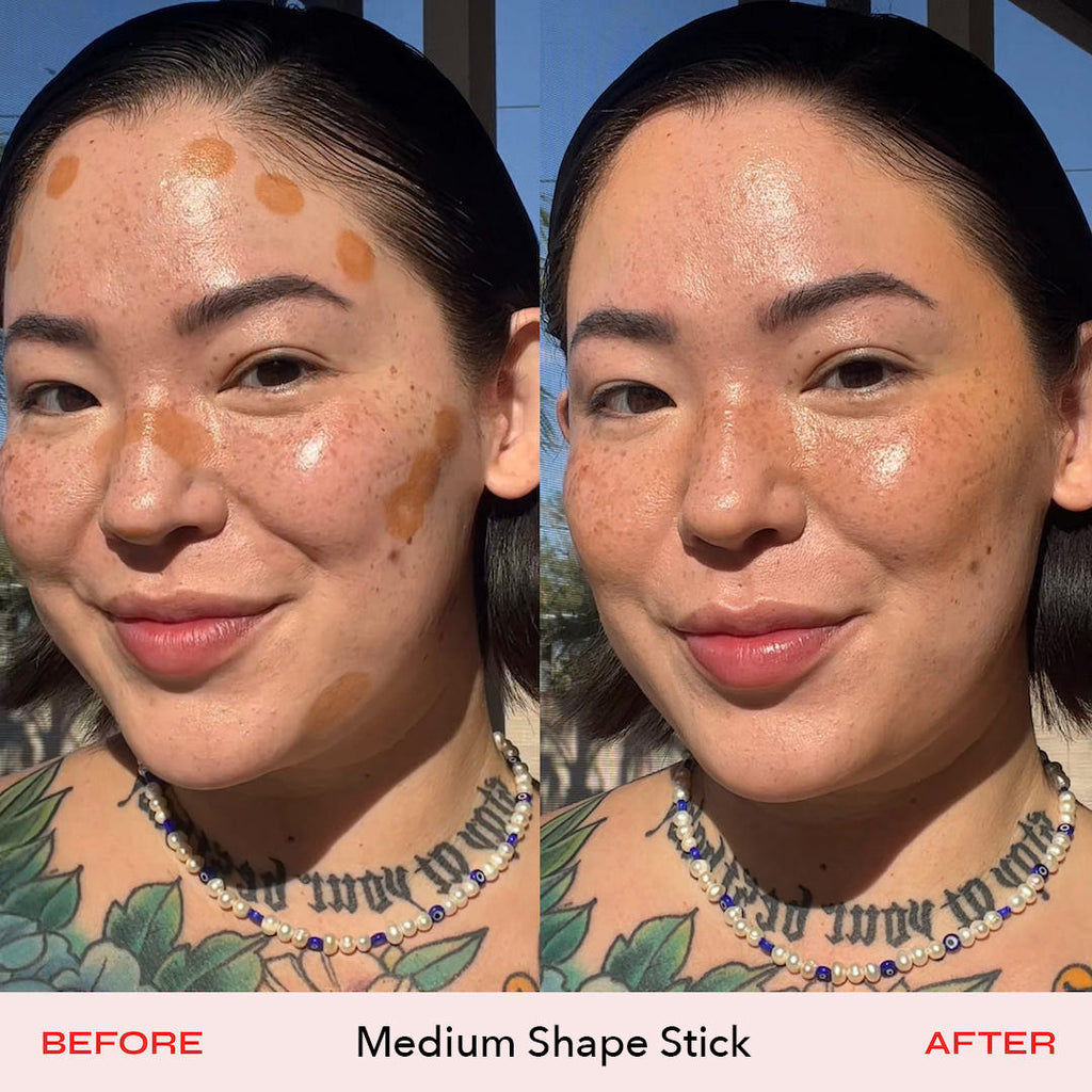 Before and after comparison of a woman's face using a Medium Shape Stick, with tattoos visible on her neck.