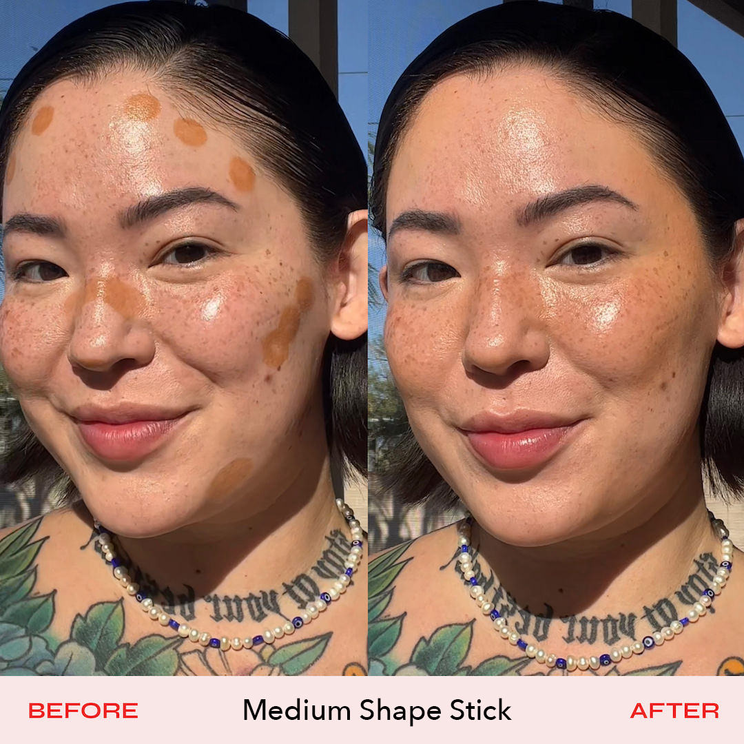 Before and after comparison of a woman's face using a Medium Shape Stick, with tattoos visible on her neck.