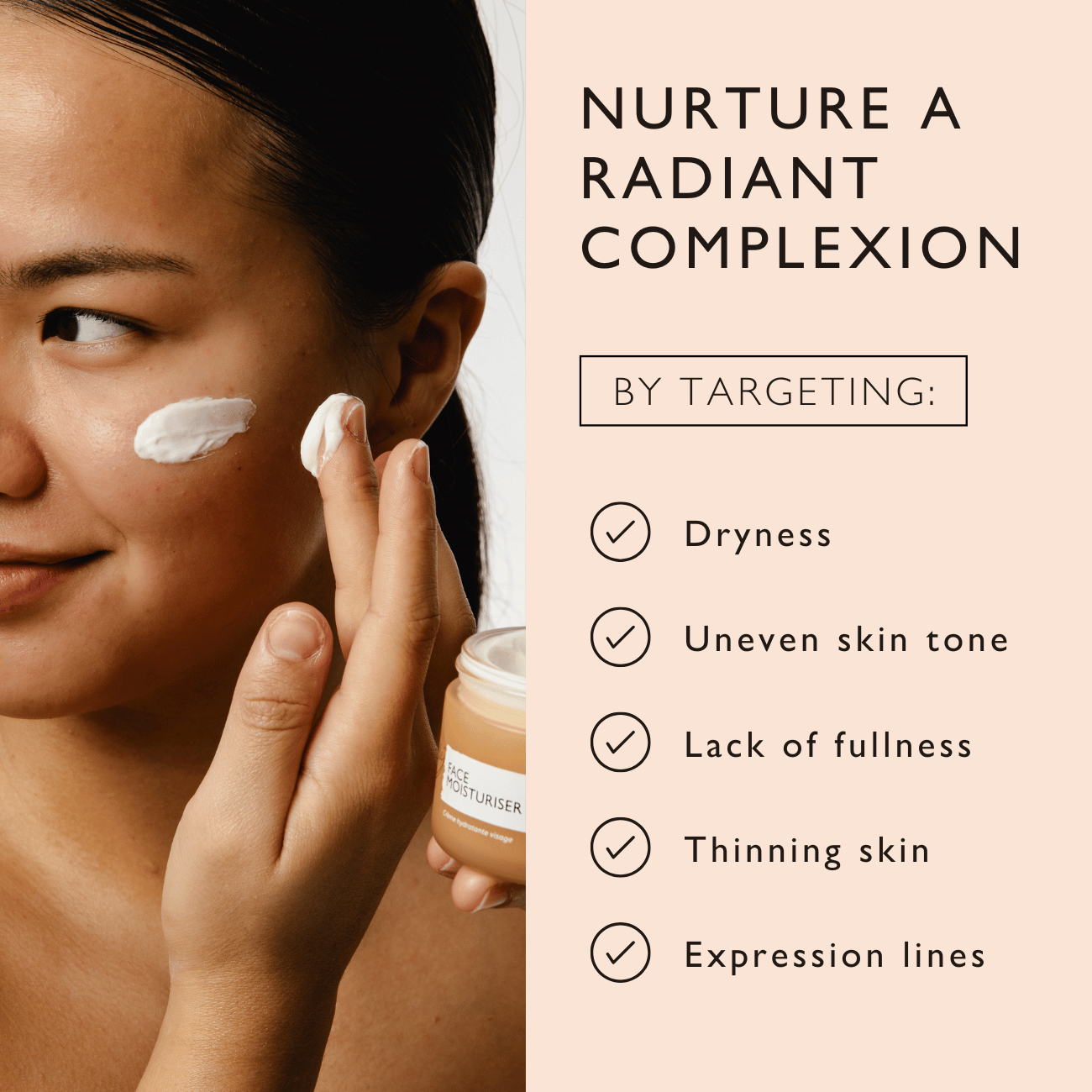 Woman applying cream to her face with a product jar, text about skin care benefits on the right.