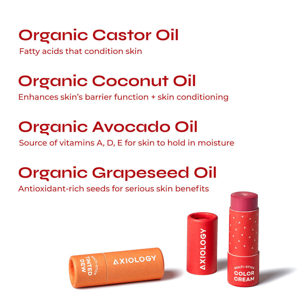 Axiology skincare products with organic oil information on a white background