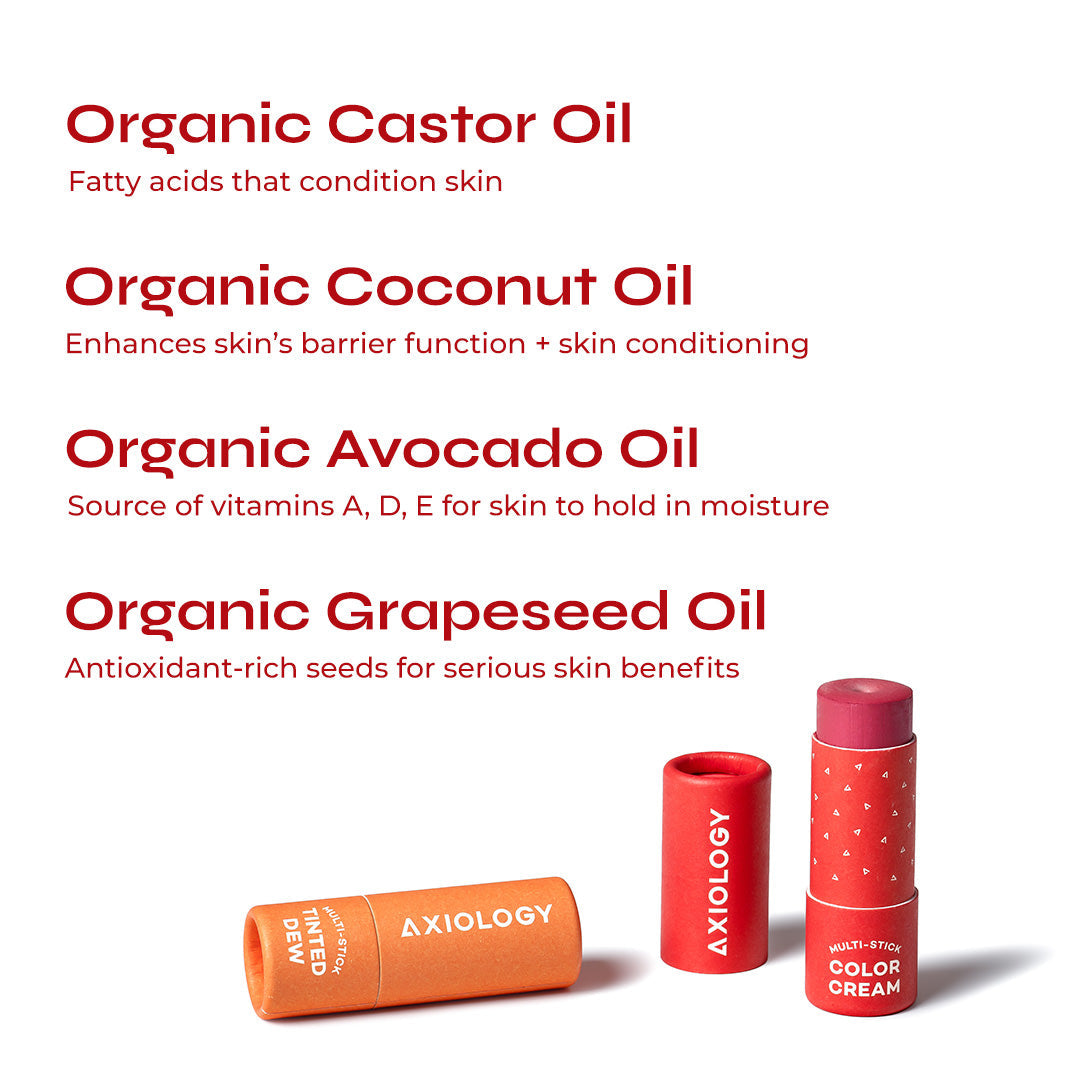 Axiology skincare products with organic oil information on a white background