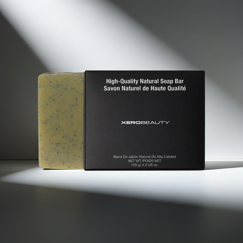 Xero Beauty high-quality natural soap bar with packaging on a dark background