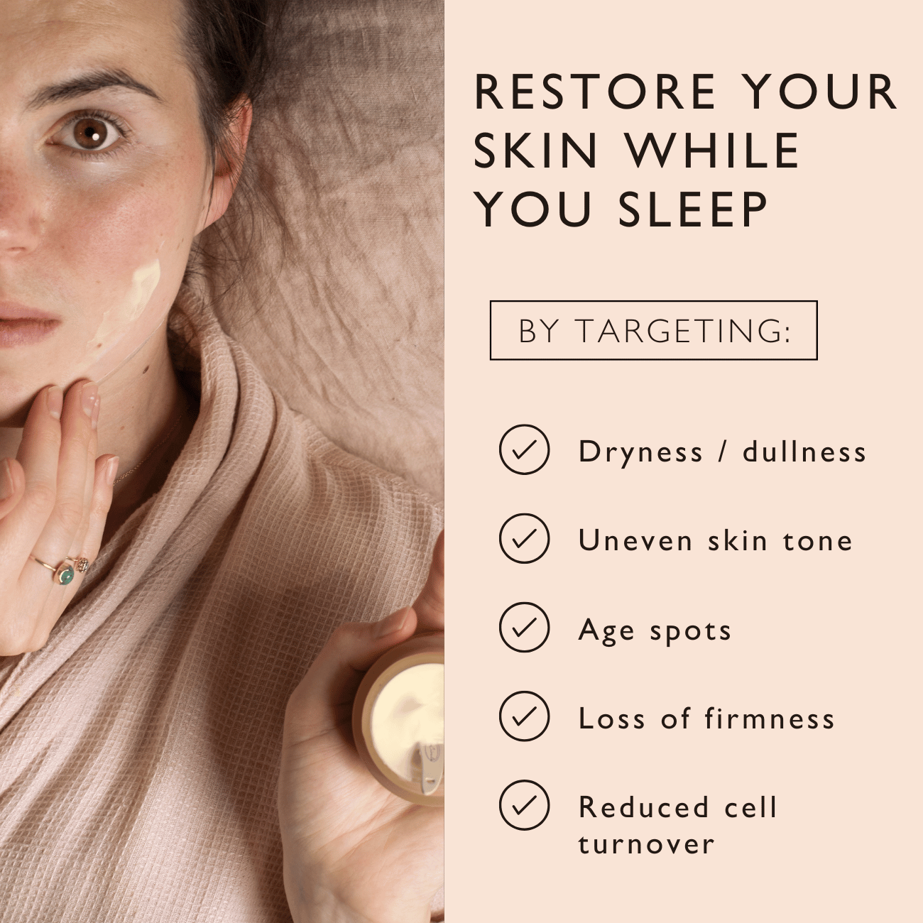 Woman applying cream with text about skin care benefits on a beige background