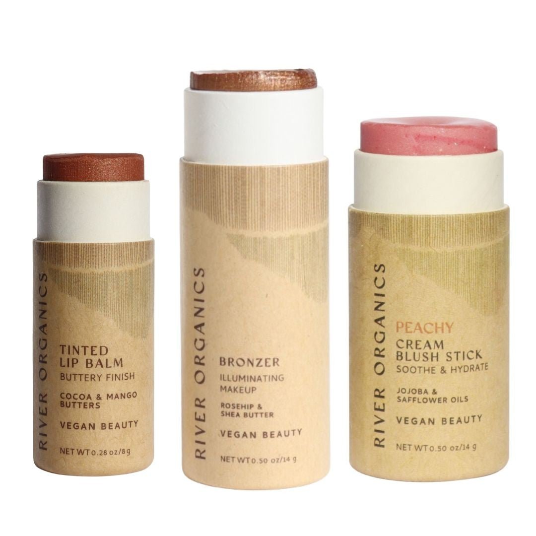 Three River Organics makeup products on a white background