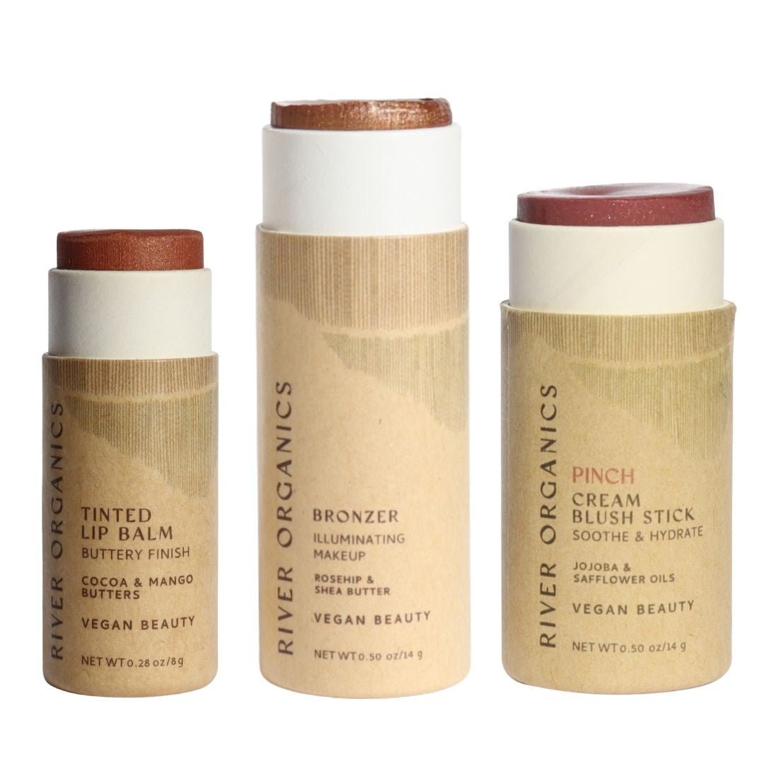 Three River Organics makeup products on a white background