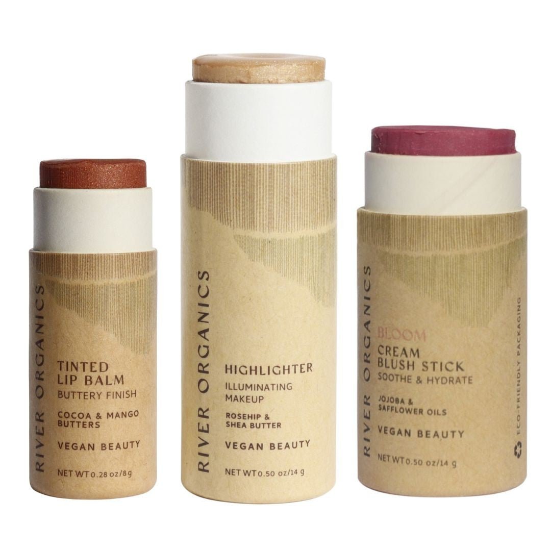 Three River Organics makeup products on a white background