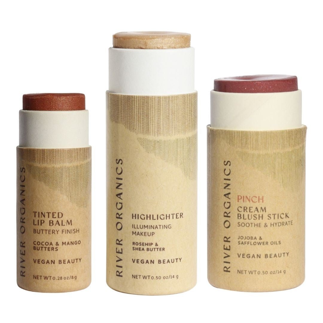 Three River Organics makeup products on a white background