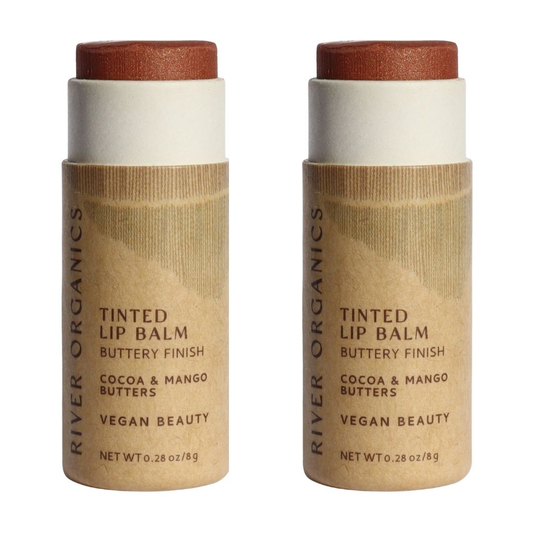 Two River Organics tinted lip balms on a white background