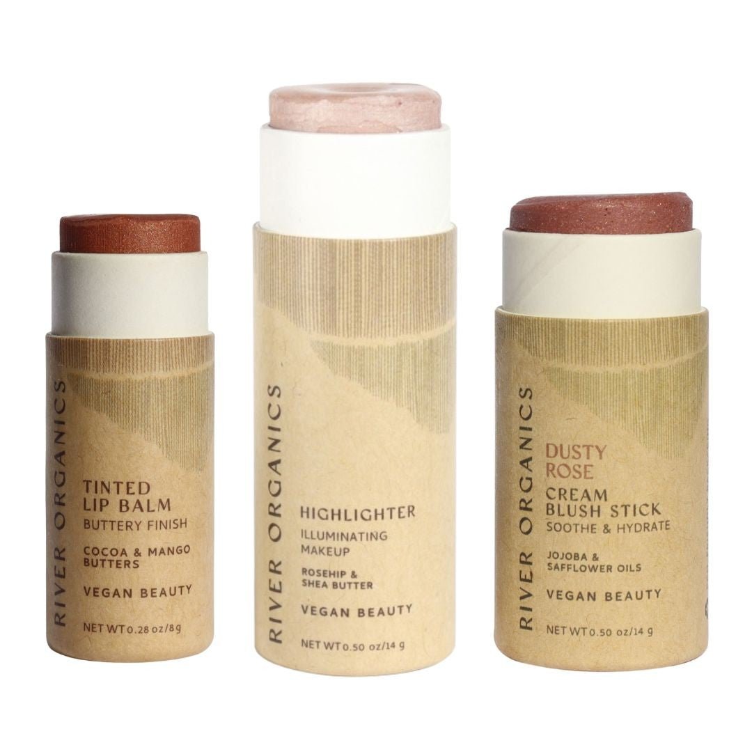 Three River Organics makeup products on a white background