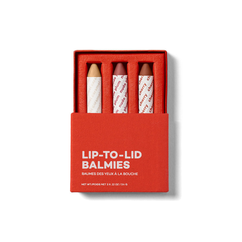 Set of lip balm sticks in a red box labeled 'Lip-To-Lid Balmies' on a white background