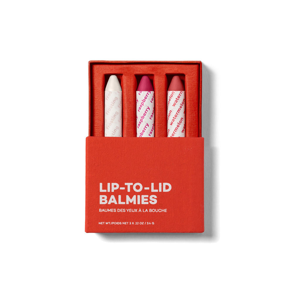 Red box containing three lip crayons with 'Lip-to-lid Balmies' text on a white background