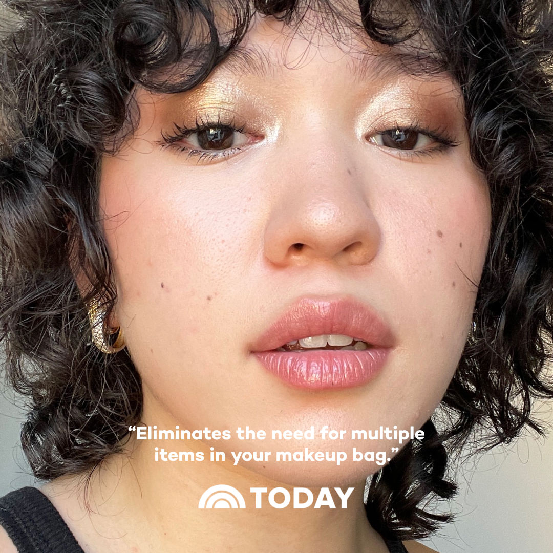Close-up of a person with text overlay about makeup products, featuring the TODAY brand.