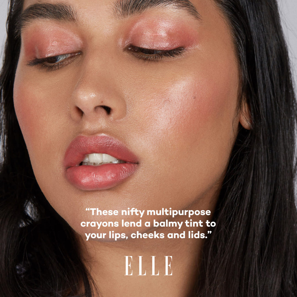 Close-up of a woman's face with makeup, featuring text and the ELLE logo.