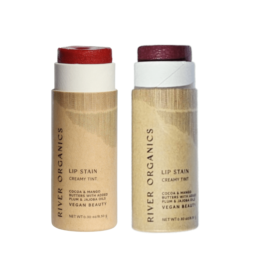 Two River Organics lip stain products on a white background