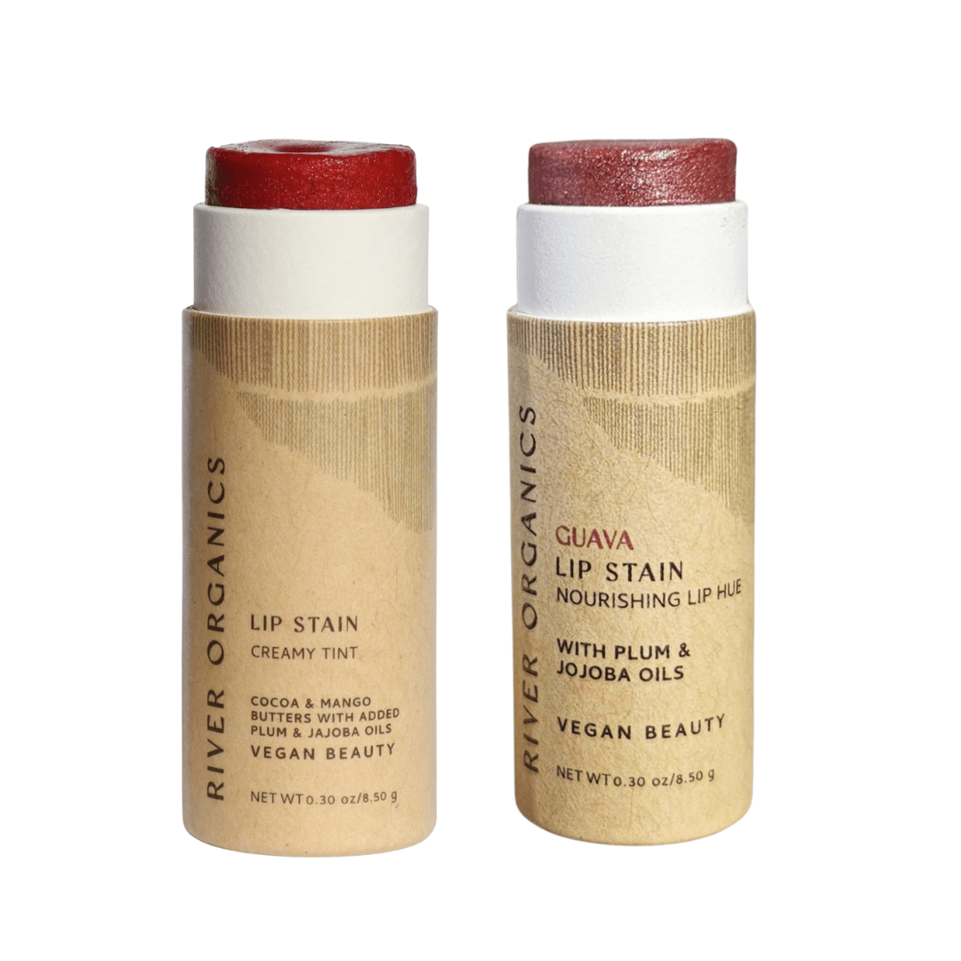 Two River Organics lip stain products on a white background